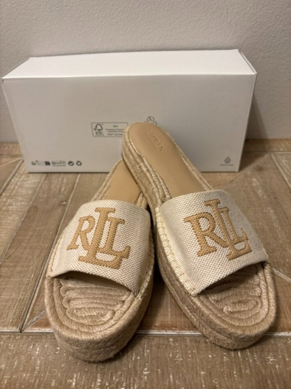 NEW Lauren Ralph Lauren Polly Logo Canvas Espadrille Sandals Natural Buff 10